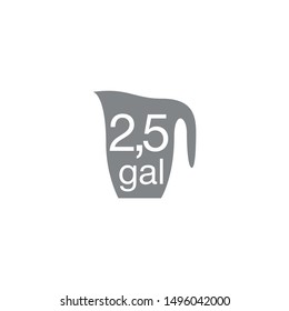 2.5 gal sign (mark) estimated volumes gallons. Vector symbol packaging, labels used in the US for prepacked foods drinks different gallons and quarts. 2.5 gal vol single icon isolated white background