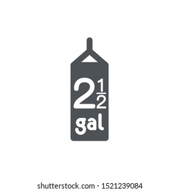 2.5 gal sign (mark) estimated volumes gallons. Vector symbol packaging, labels used in the US for prepacked foods drinks different gallons and quarts. 2.5 gal vol single icon isolated white background