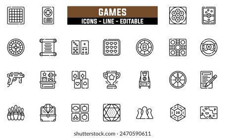 25 Spielsymbole gesetzt, Vektorgrafik Zeile, bearbeitbare Strich.
