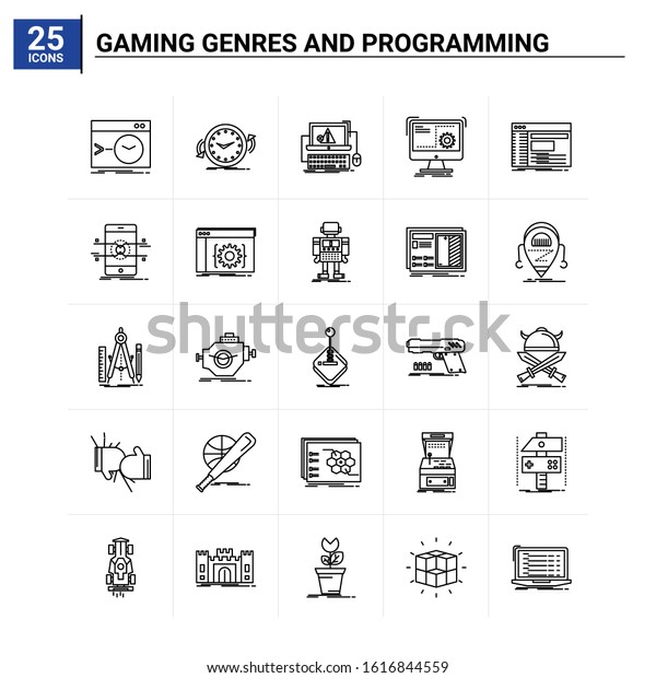 25 Gaming Genres And Programming icon set.\
vector background