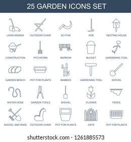 25 garden icons. Trendy garden icons white background. Included line icons such as lawn mower, outdoor chair, scythe, hoe, nesting house, construction. garden icon for web and mobile.