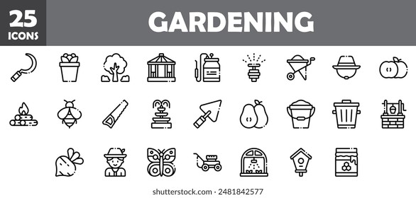 25 gardening icons set, vector line, editable stroke.