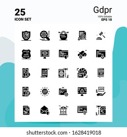 25 GDPR Icon Set. 100% Editable EPS 10 Files. Business Logo Concept Ideas Solid Glyph icon design