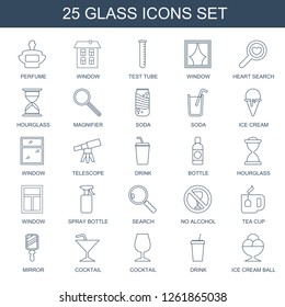 25 glass icons. Trendy glass icons white background. Included line icons such as perfume, window, test tube, heart search, hourglass, magnifier. glass icon for web and mobile.