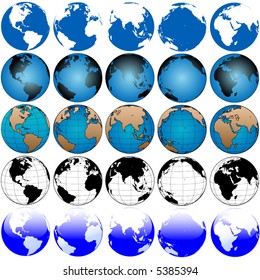 25 global views, variations of the globe, a set of earths, useful as icons