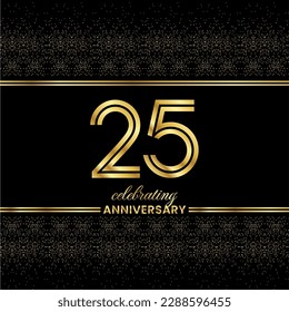 25 Golden Double Line Number. Anniversary invitation cover with glitter separated by golden double lines on a black background