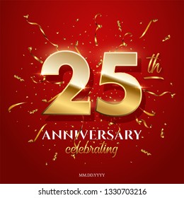 25 golden numbers and Anniversary Celebrating text with golden serpentine and confetti on red background. Vector twenty fifth anniversary celebration event square template