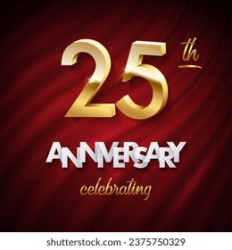 25 golden numbers, Anniversary white paper text and Celebrating word made of golden ribbons on red curtain background. Vector twenty fifth anniversary celebration event square template.