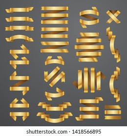 25 Golden ribbons set collection. Vector design elements isolated on grey background.