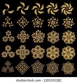 25 golden snowflakes set in abstract style. Freehand ethnic Xmas sketch. New Year 2019-2022 collection. Ornamental artistic vector illustration in golden colors for Merry christmas cards.
