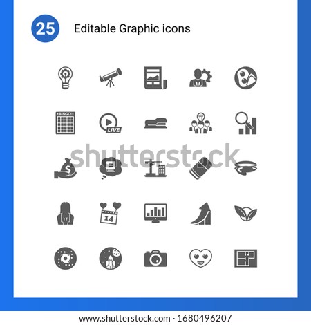 25 graphic filled icons set isolated on . Icons set with innovation, Astronomy, News Feed, Bingo, Live Event Streaming, Stapler, Deposit, Knowledge, Construction, businesswoman icons.