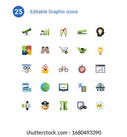 25 graphic flat icons set isolated on . Icons set with Astronomy, Business opportunity, champagne, Puzzle, shorts, wheelbarrow, Bandwidth, love message, Bike, News Feed icons.