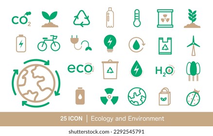 25 Green and brown Ecology Icon Pack supports conservation and problem-solving Power Symbols and Symbols isolated on white background flat design illustration vector Sustainable environment and concep