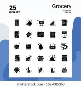 25 Grocery Icon Set. 100% Editable EPS 10 Files. Business Logo Concept Ideas Solid Glyph icon design