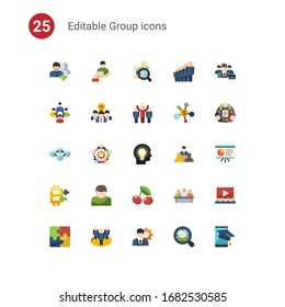 25 iconos planos de grupo establecidos aislados en . Iconos establecidos con seguidores, cliente, destinatarios de audiencia, colega, idea colaborativa, líder, cadena de bloqueo, trabajo en equipo, iconos de personas creativas.