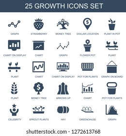 25 growth icons. Trendy growth icons white background. Included filled icons such as graph, strawberry, money tree, dollar location, plant in pot. growth icon for web and mobile.