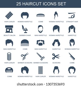 25 haircut icons. Trendy haircut icons white background. Included filled icons such as hair curler, woman hairstyle, comb, straight hair, beauty salon. haircut icon for web and mobile.