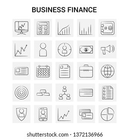 25 Hand Drawn Business Finance  icon set. Gray Background Vector Doodle