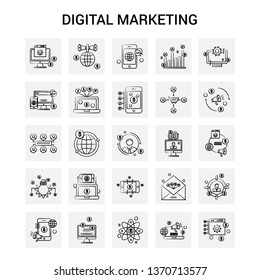 25 Hand Drawn Digital Marketing icon set. Gray Background Vector Doodle