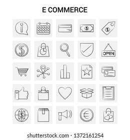 25 Hand Drawn E-Commerce icon set. Gray Background Vector Doodle