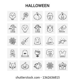 25 Hand Drawn Halloween icon set. Gray Background Vector Doodle