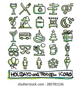 25 hand drawn holidays and travel icons collection. Vector format
