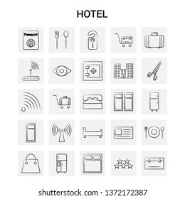 25 Hand Drawn Hotel icon set. Gray Background Vector Doodle