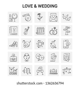 25 Hand Drawn Love and Wedding icon set. Gray Background Vector Doodle