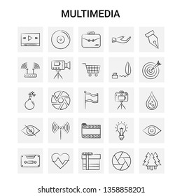 25 Hand Drawn Multimedia  icon set. Gray Background Vector Doodle