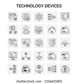 25 Hand Drawn Technology Device icon set. Gray Background Vector Doodle