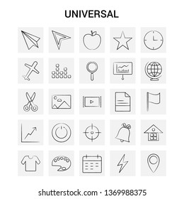25 Hand Drawn Universal icon set. Gray Background Vector Doodle