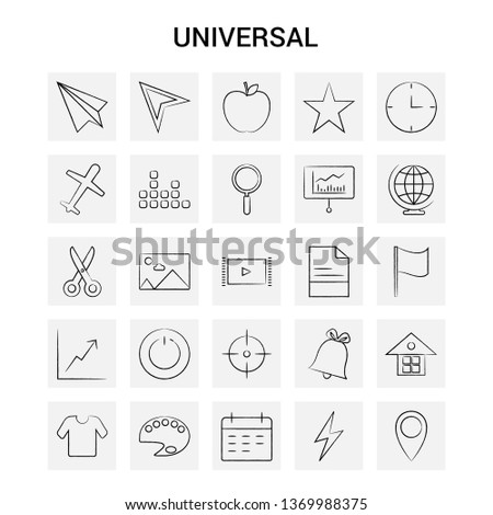 25 Hand Drawn Universal icon set. Gray Background Vector Doodle