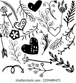 25 Hand-drawn element bundle set,Scrap Set Elements. Cozy Hygge style. Birthday. Hand drawn colorful floral, around, heart, vector arrows. Doodle set from different elements