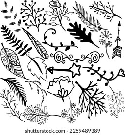 25 Hand-drawn element Set of doodle design elements. Arrows, wreath, floral Hand drawn border collection