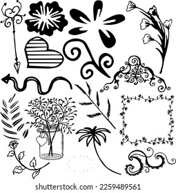 25 Handgezeichnetes Element-Set. Scrap Set-Elemente. Gemütlicher Hygge-Stil. Geburtstag. Handgezeichnet bunte Blumen, rund, Herz, Vektorpfeile. Doodle-Set aus verschiedenen Elementen