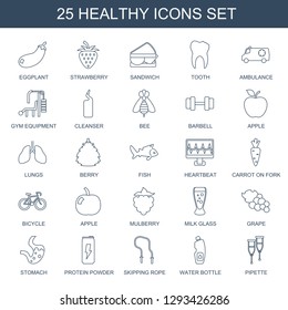 25 healthy icons. Trendy healthy icons white background. Included line icons such as eggplant, strawberry, sandwich, tooth, ambulance, gym equipment. healthy icon for web and mobile.