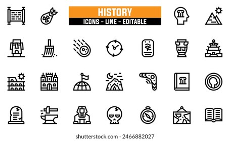 25 history icons set, vector line, editable stroke.