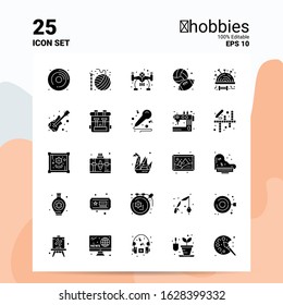 25 Hobbies Icon Set. 100% Editable EPS 10 Files. Business Logo Concept Ideas Solid Glyph icon design