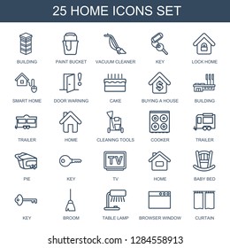 25 home icons. Trendy home icons white background. Included outline icons such as building, paint bucket, vacuum cleaner, key, lock home, smart. home icon for web and mobile.