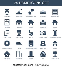 25 home icons. Trendy home icons white background. Included filled icons such as building, brick wall, home message, nightstand, window, garage. icon for web and mobile.