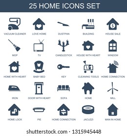 25 home icons. Trendy home icons white background. Included filled icons such as vacuum cleaner, love home, dustpan, building, house sale, mop, TV. icon for web and mobile.