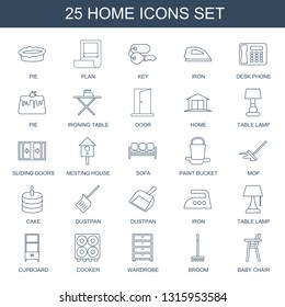 25 home icons. Trendy home icons white background. Included line icons such as pie, plan, key, iron, desk phone, ironing table, door, table lamp. home icon for web and mobile.