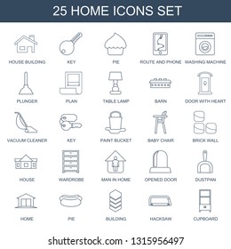 25 home icons. Trendy home icons white background. Included line icons such as house building, key, pie, route and phone, washing machine, plunger. home icon for web and mobile.