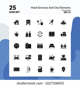 25 Hotel services And City Elements Icon Set. 100% Editable EPS 10 Files. Business Logo Concept Ideas Solid Glyph icon design