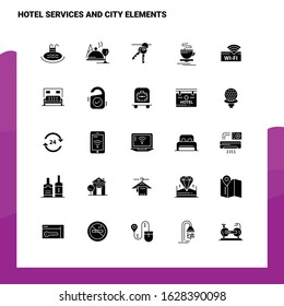 25 Hotel services And City Elements Icon set. Solid Glyph Icon Vector Illustration Template For Web and Mobile. Ideas for business company.
