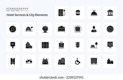 25 Hotel Services And City Elements Solid Glyph icon pack