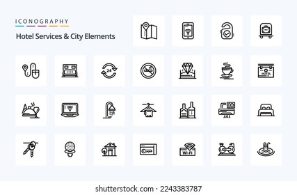 25 Hotel Services And City Elements Line icon pack
