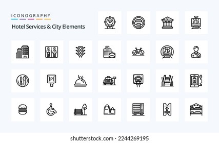 25 Hotel Services And City Elements Line icon pack