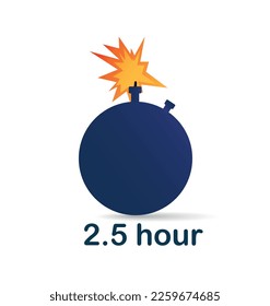 Bomba de relojería de 2.5 horas. Pegatina para redes sociales y mensajeros. Armas, peligro y explosión. Plantilla, disposición y burla. Oferta limitada y especial. Dibujo vectorial plano de dibujos animados