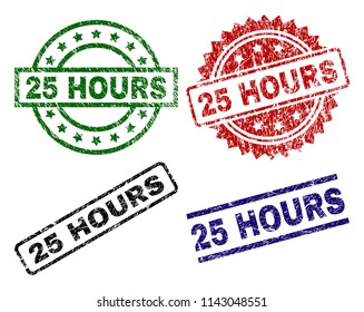 25 HOURS seal prints with damaged texture. Black, green,red,blue vector rubber prints of 25 HOURS caption with dirty texture. Rubber seals with circle, rectangle, rosette shapes.